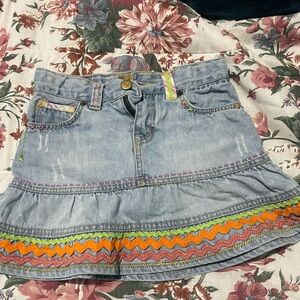 Colorful Denim Skirt with Embroidered Hem